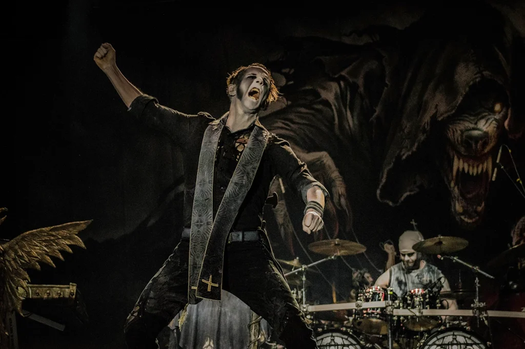 Powerwolf 2018 Keyboardist Falk Maria Schlegel from Powerwolf headbanging at Rockstadt extreme fest 2018