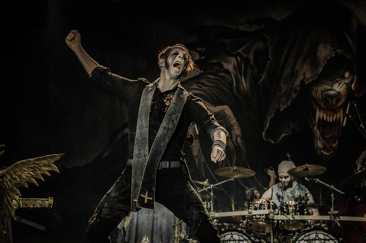 Keyboardist Falk Maria Schlegel from Powerwolf headbanging at Rockstadt extreme fest 2018